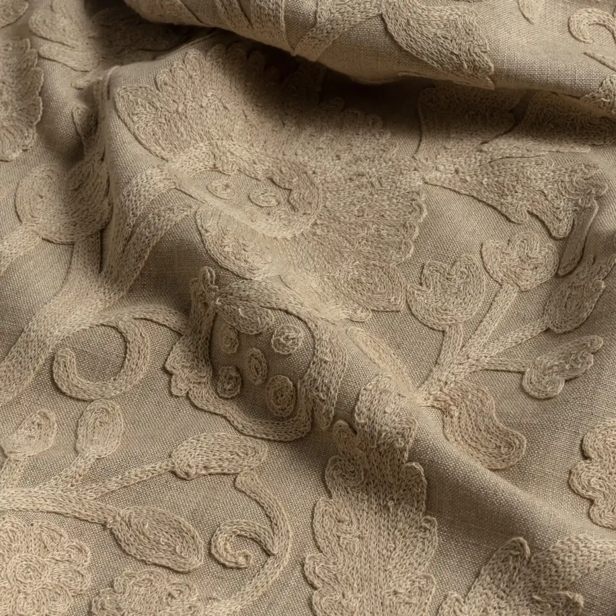 Ferahan Fabric - Flax by neutral botanical embroideried fabric from Warwick