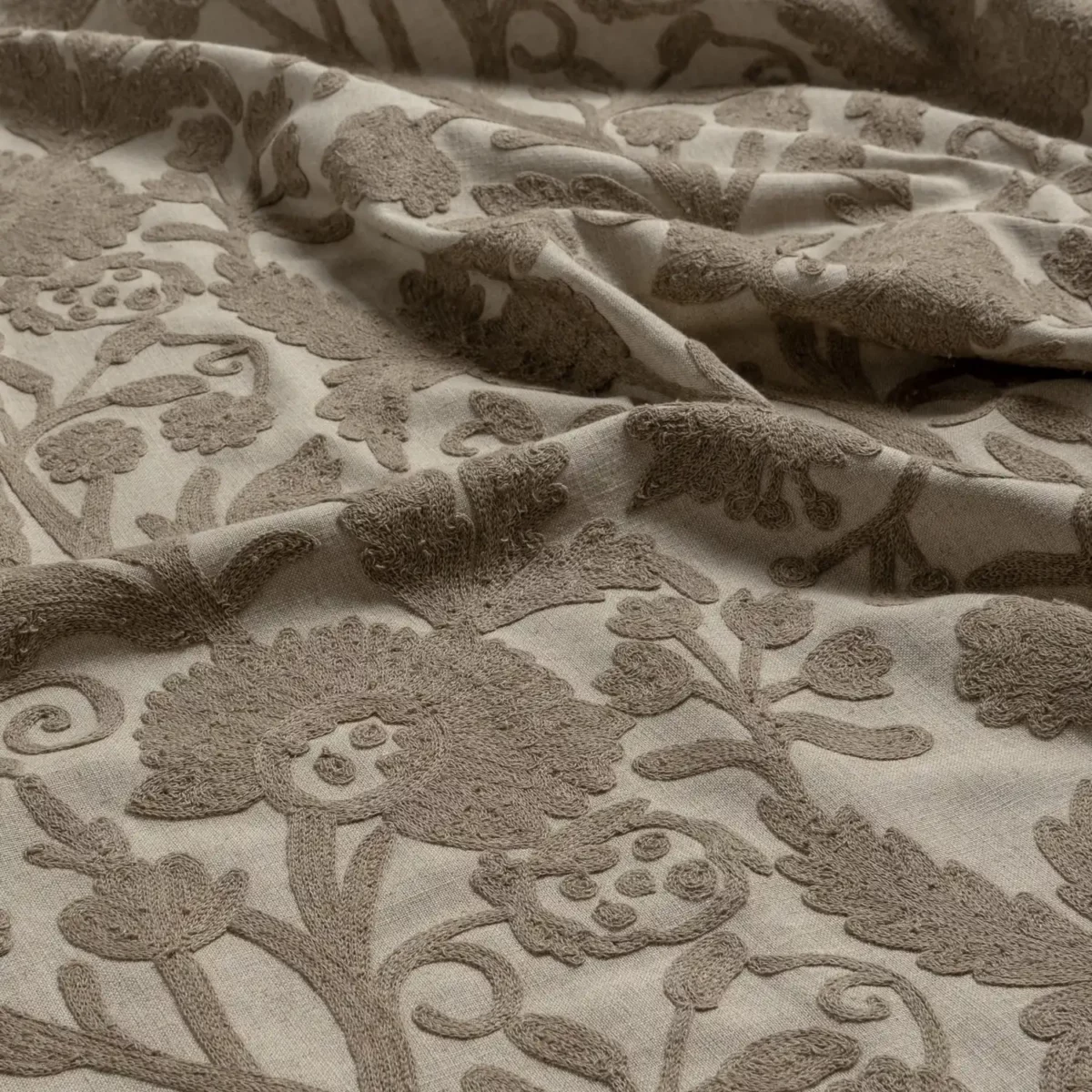 Ferahan Fabric - Earth by neutral botanical embroideried fabric from Warwick