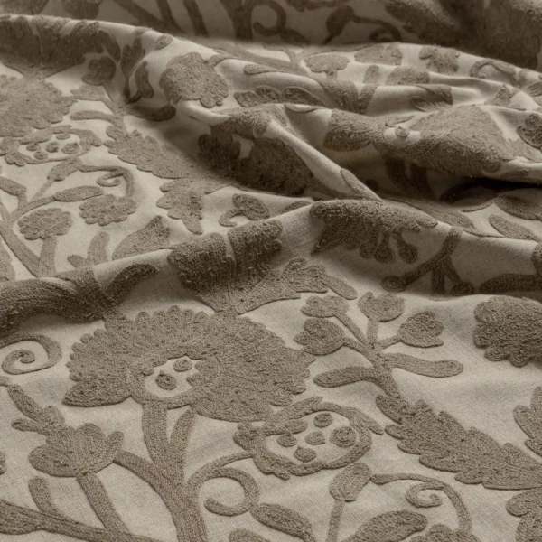 Ferahan Fabric - Earth by neutral botanical embroideried fabric from Warwick