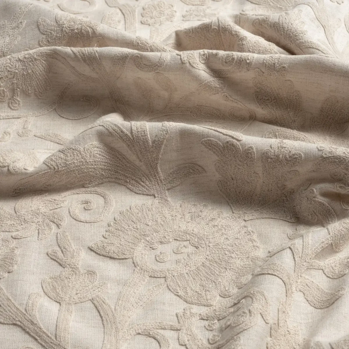 Ferahan Fabric - Porcelain by neutral botanical embroideried fabric from Warwick