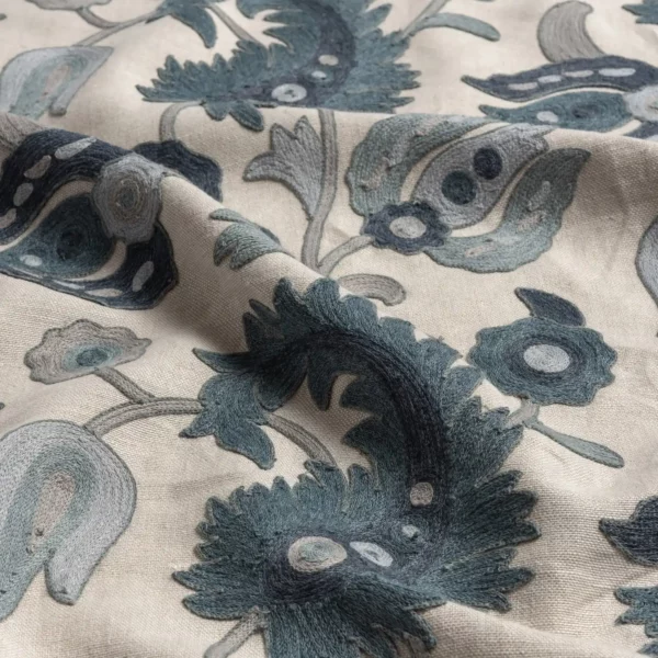 blue botanical linen fabric from Warwick