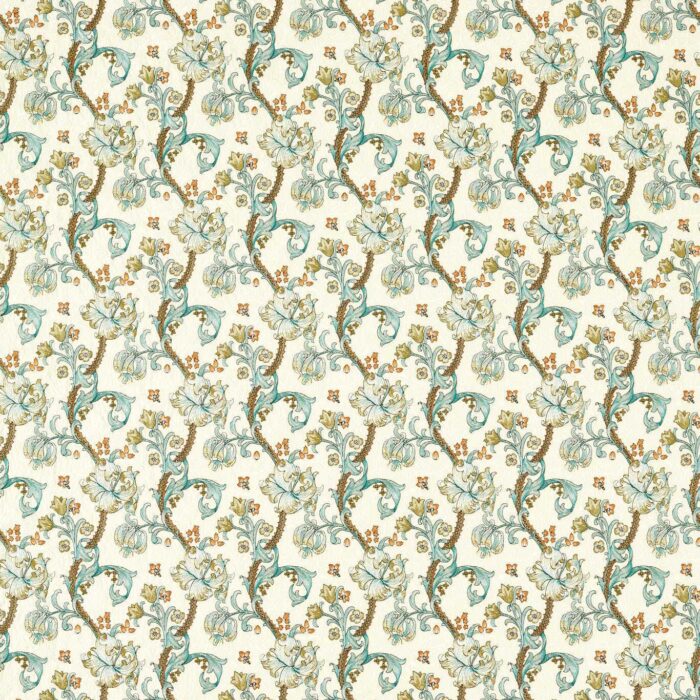 Golden Lily Embroidery Fabric - Linen / Teal swatch