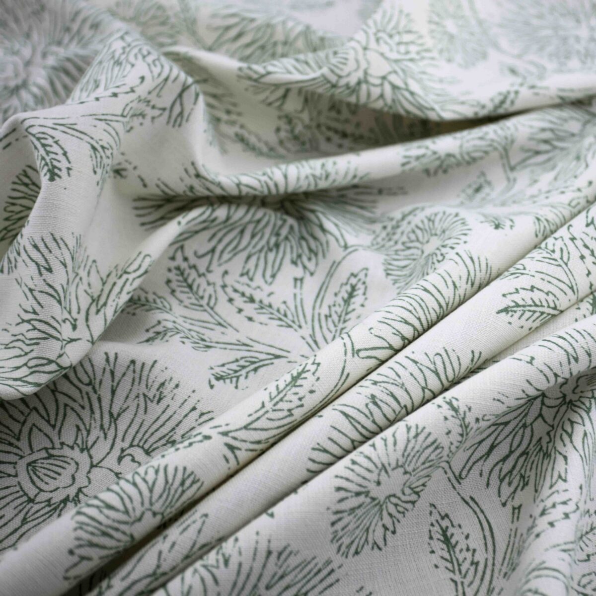Delphine Fabric - Celadon by green botanical printed fabric from Warwick