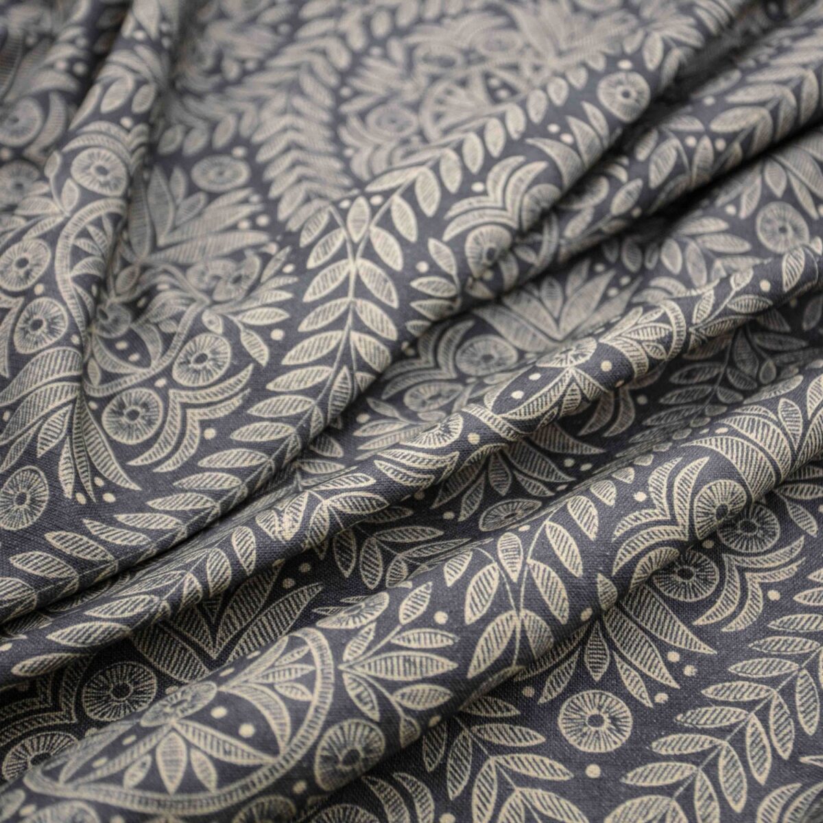 Portia Fabric - Charcoal by black-grey botanical printed fabric from Warwick