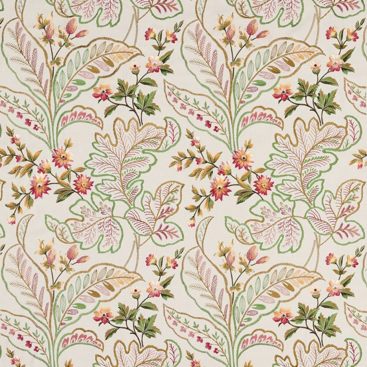 Sudbury Fabric - Green / Coral by green botanical embroideried fabric from Nina Campbell