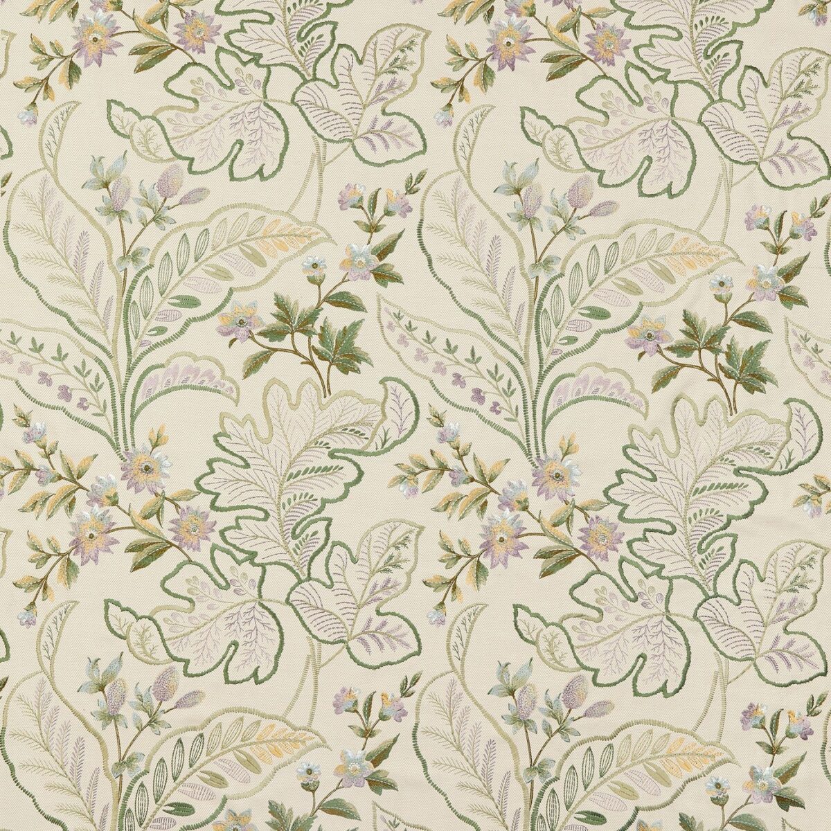 Sudbury Fabric - Eucalyptus / Lilac by green botanical embroideried fabric from Nina Campbell