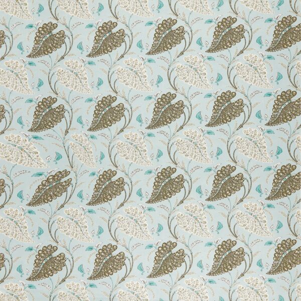 Felbrigg Fabric - Aqua / Ochre / Chocolate by blue botanical linen fabric from Nina Campbell