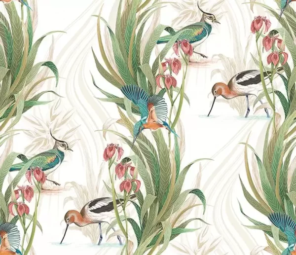 Halcyon Fabric - Coral by green botanical linen fabric from Osborne & Little