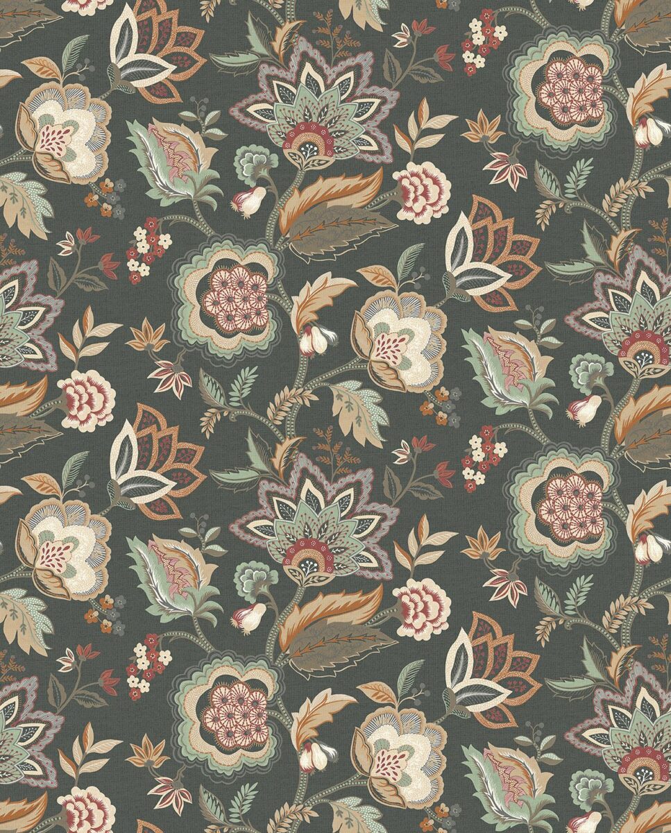Samode Wallpaper - Charcoal / Eucalyptus by green botanical wallpaper from osborne & little