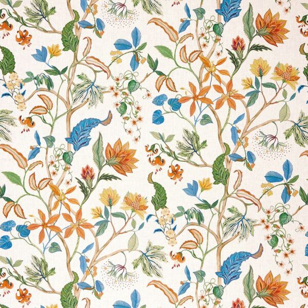Chellah Fabric - Petrol / Mandarin by orange botanical linen fabric from Osborne & Little