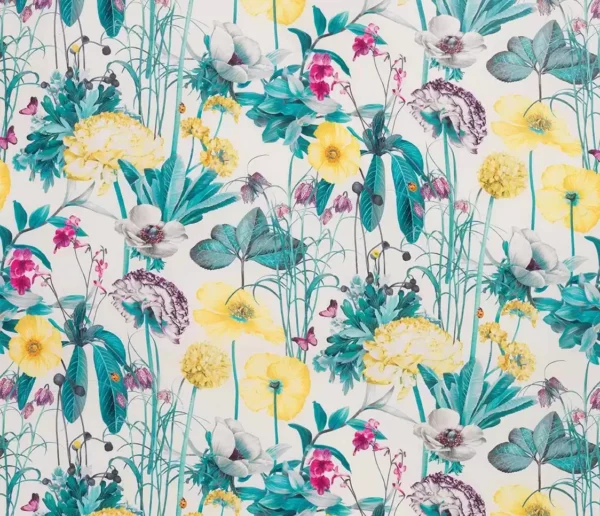 Meadow Fabric - Buttercup by green botanical printed fabric from Osborne & Little