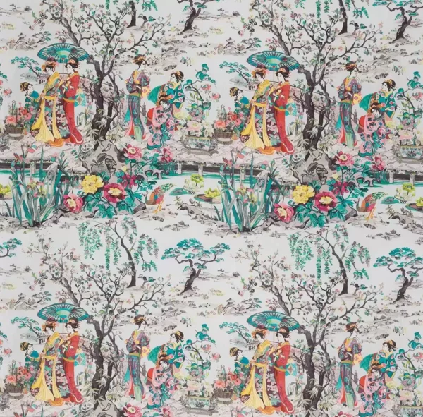 Japanese Garden Fabric - Teal by green botanical linen fabric from Osborne & Little