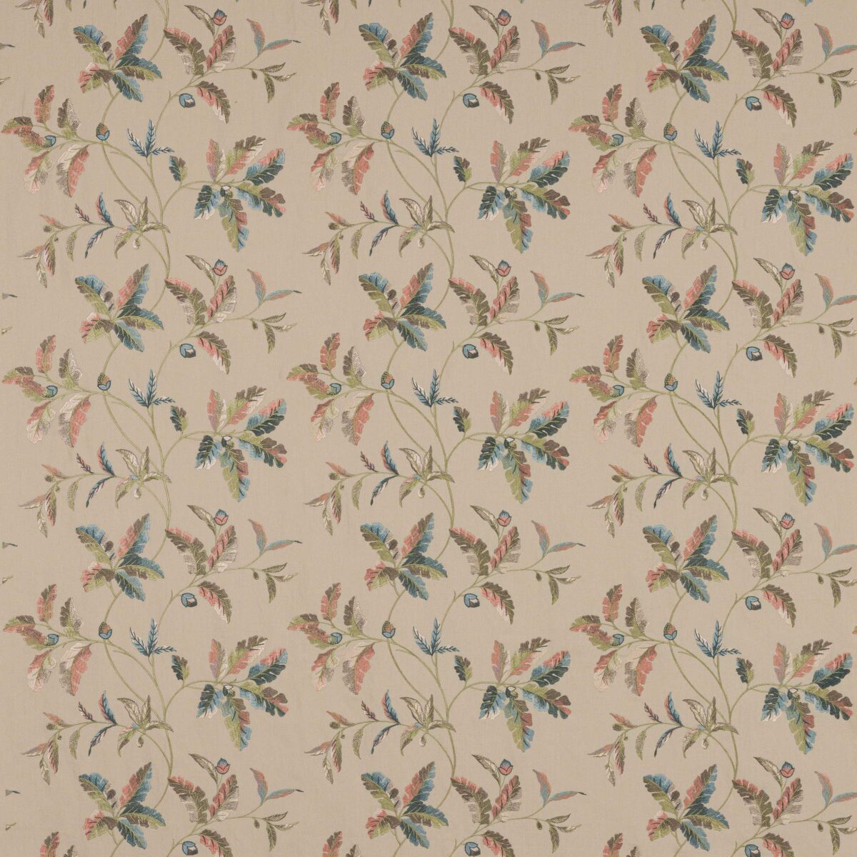 Broadleaf Fabric - Olive by green botanical embroideried fabric from Colefax & Fowler