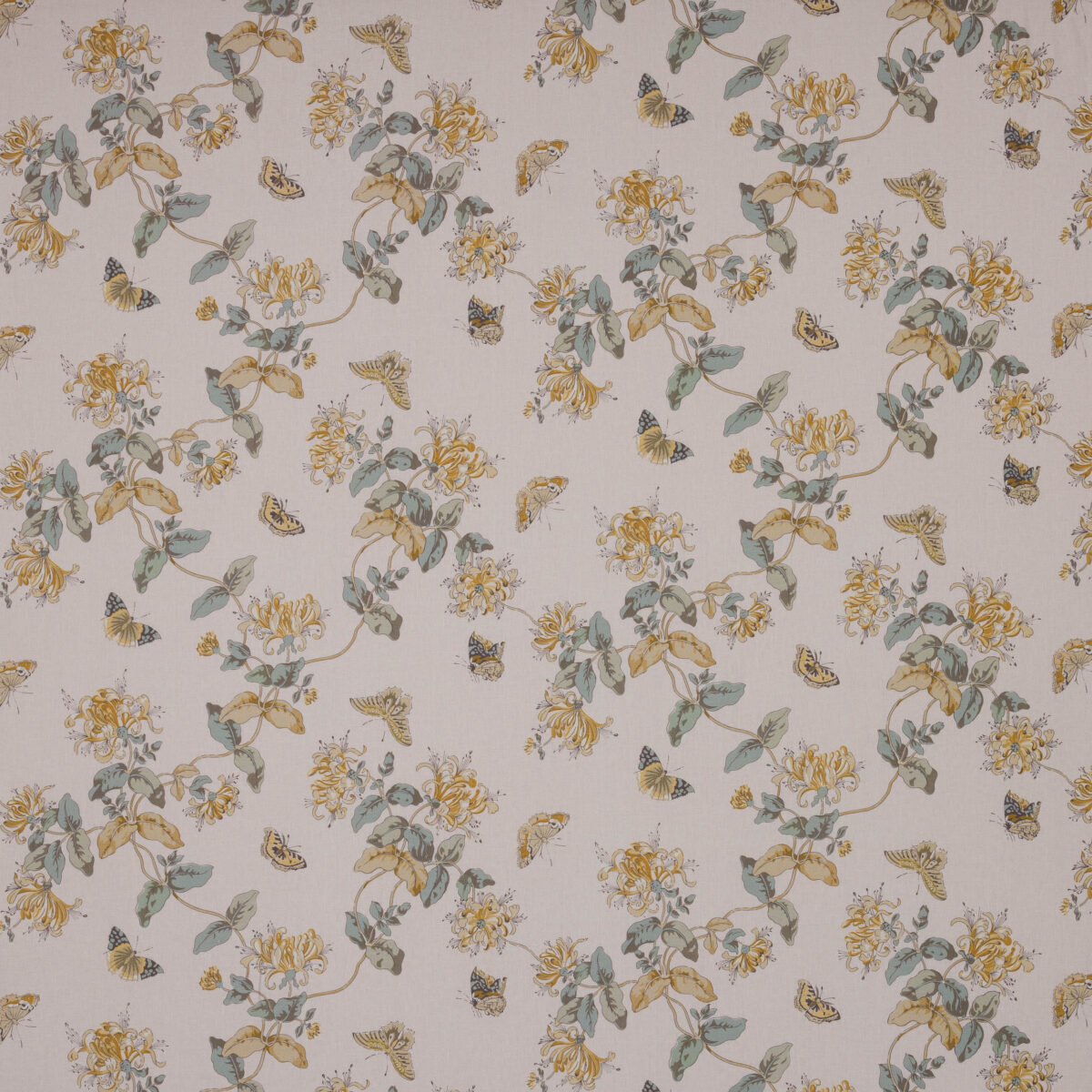 yellow botanical linen fabric from Colefax & Fowler