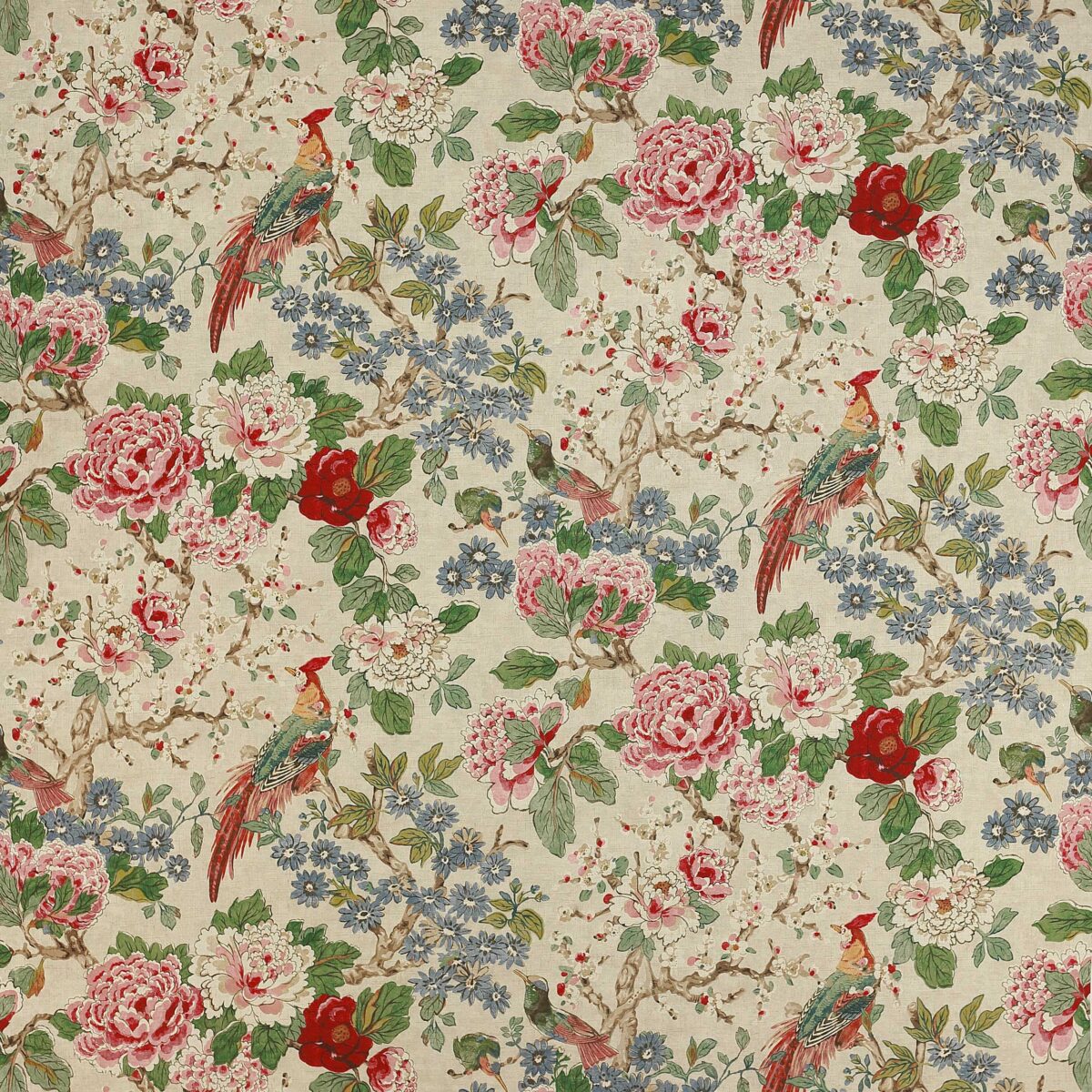 Jardine Fabric - Red / Green by blue botanical linen fabric from Colefax & Fowler
