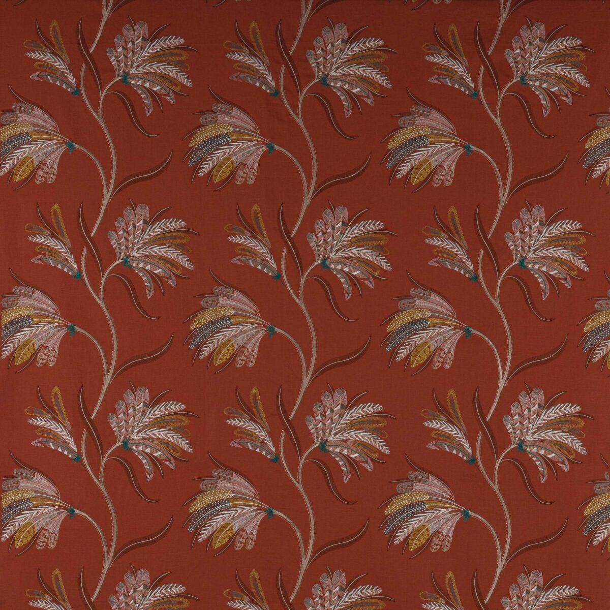 Plumera Fabric - Paprika by orange botanical embroideried fabric from Jane Churchill