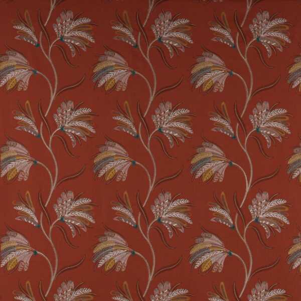 Plumera Fabric - Paprika by orange botanical embroideried fabric from Jane Churchill