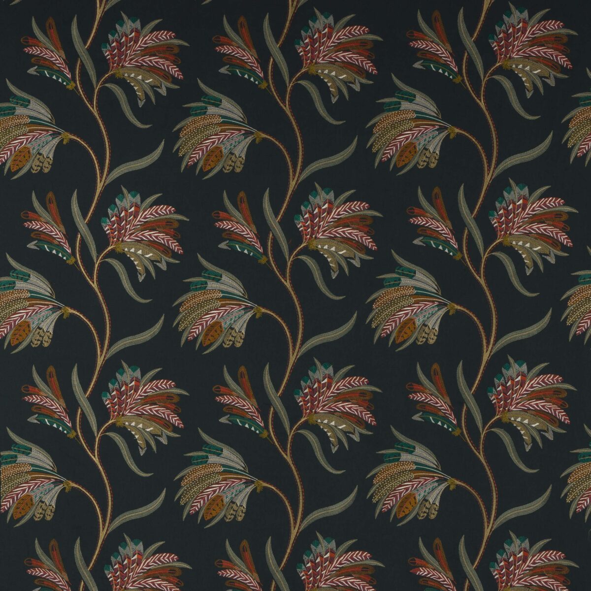 Plumera Fabric - Midnight by blue botanical embroideried fabric from Jane Churchill