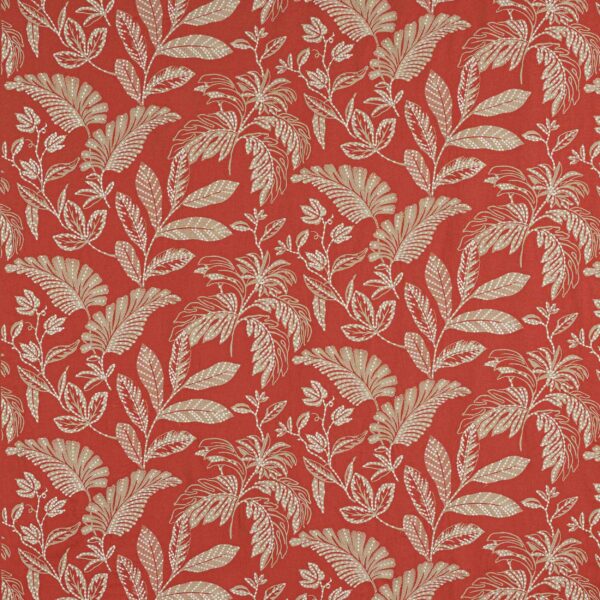 red botanical embroideried fabric from Jane Churchill
