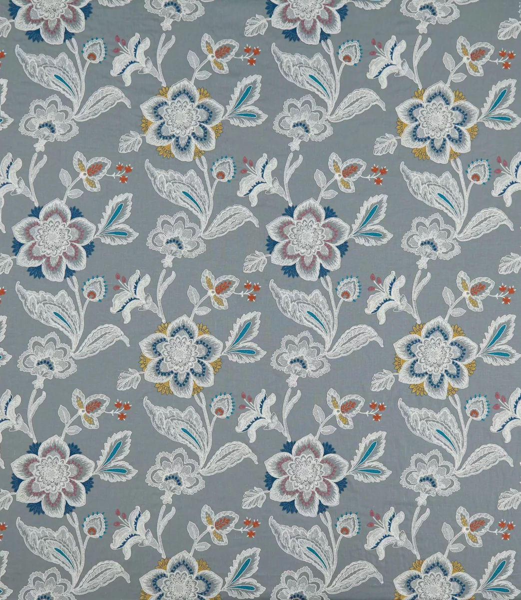 Rosings Fabric - Dove / Cobalt by black-grey botanical embroideried fabric from Osborne & Little