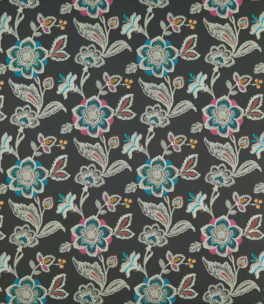 Rosings Fabric - Charcoal / Gold by black-grey botanical embroideried fabric from Osborne & Little