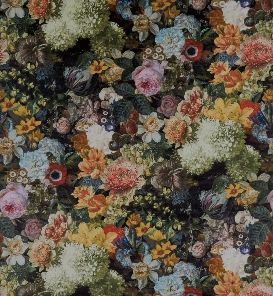 Fullerton Fabric - Amber / Scarlet by multicolour botanical velvet-chenille fabric from Osborne & Little