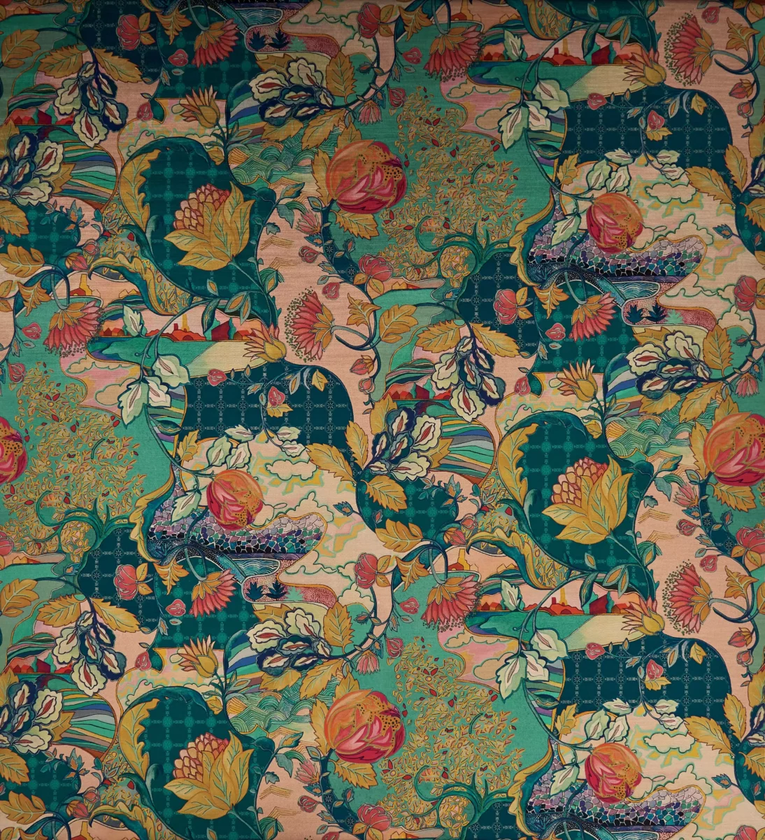 Hartfield Fabric - Teal / Gold by multicolour botanical velvet-chenille fabric from Osborne & Little