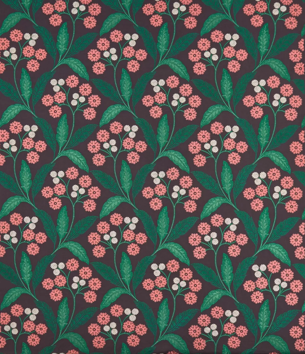 Rushworth Fabric - Aubergine / Coral by green botanical embroideried fabric from Osborne & Little