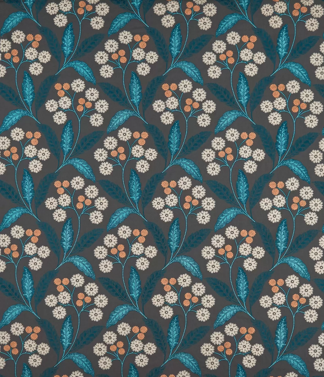 Rushworth Fabric - Charcoal / Teal by blue botanical embroideried fabric from Osborne & Little