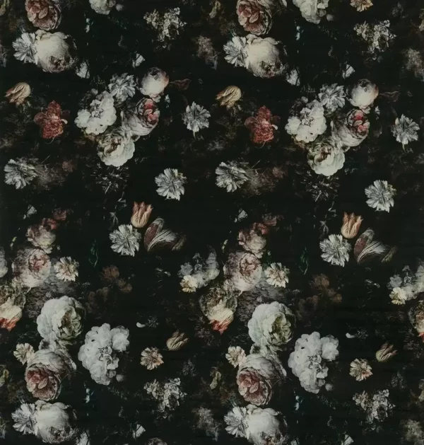 Pellestrina Fabric - Ivory / Blush / Black by black-grey botanical velvet-chenille fabric from Osborne & Little