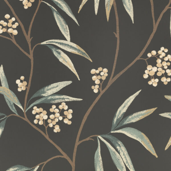 Mima Wallpaper - Ebony by black-grey botanical wallpaper from romo