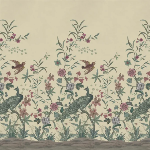 Peacock Toile Scene 1 Wallpaper - Parchment by neutral animal wallpaper from john derian
