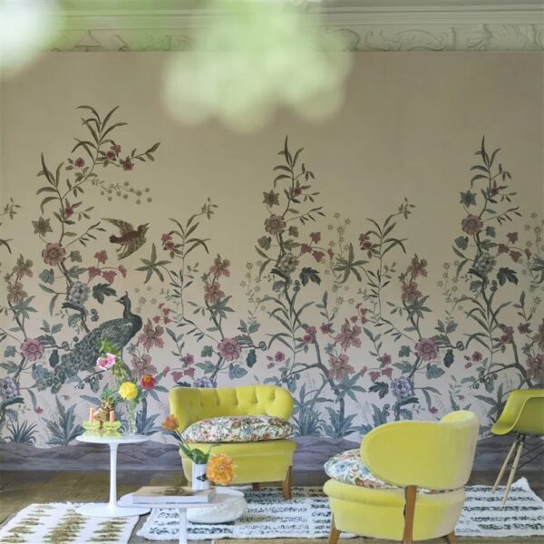 Peacock Toile Scene 2 Wallpaper - Parchment from