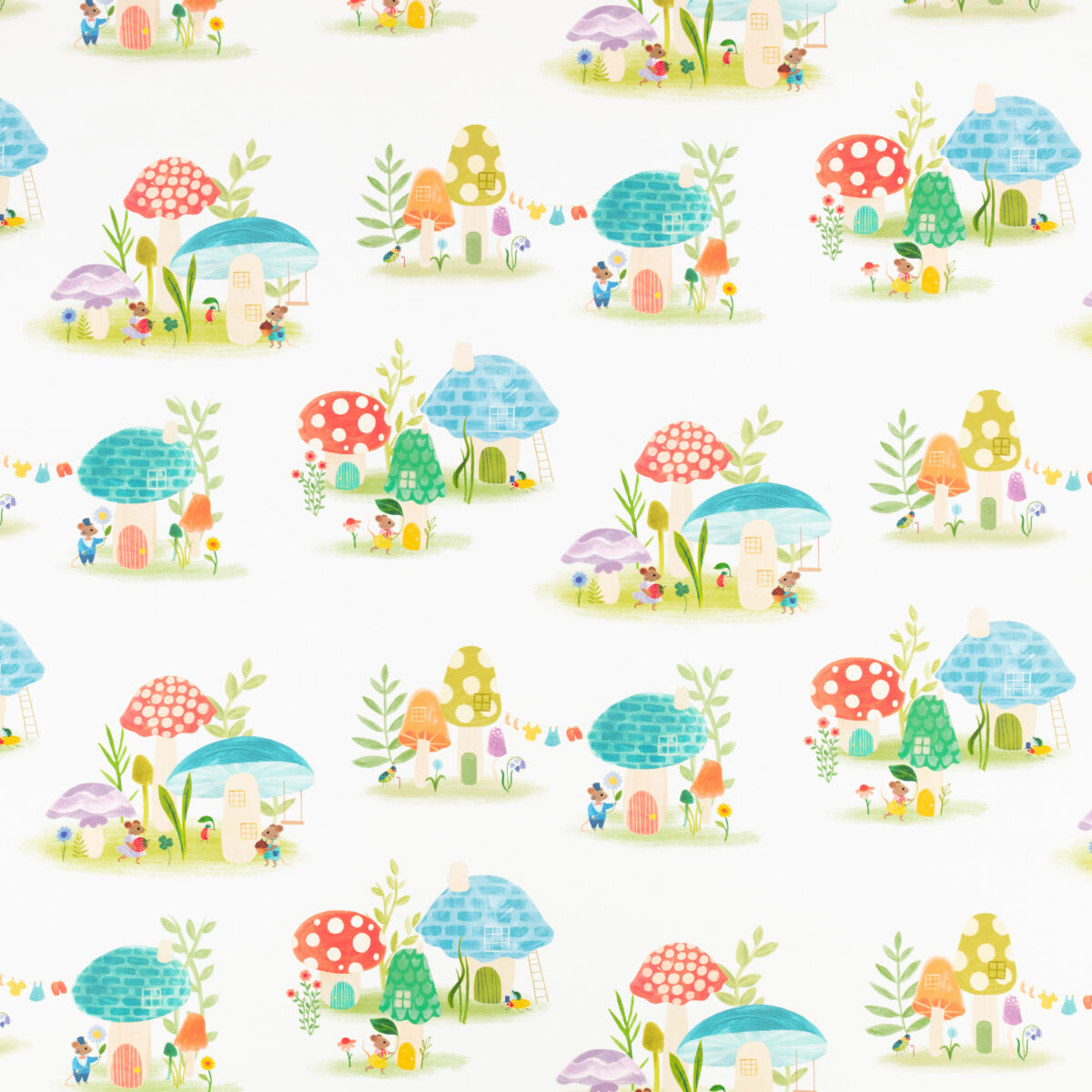 Toadstool Town Fabric by multicolour children's printed fabric from Villa Nova