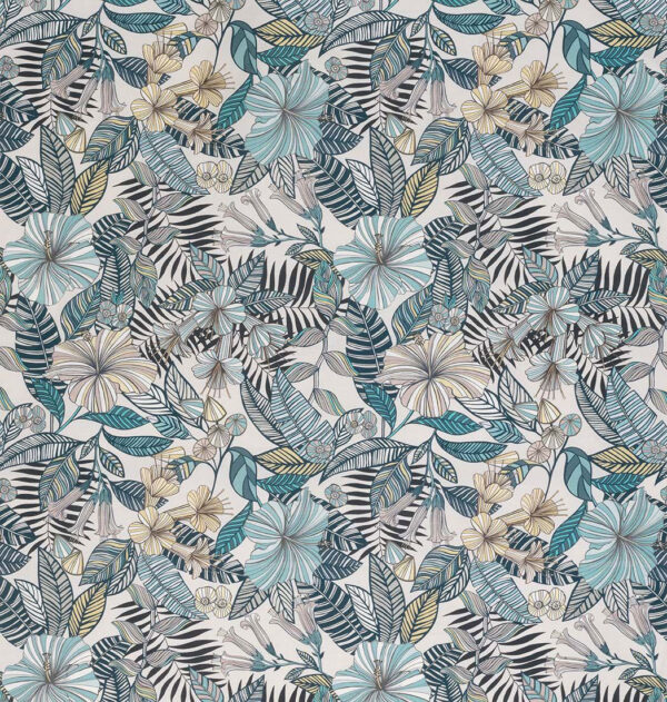 Valldemossa Fabric - Ivory / Sea Blue / Pebble by blue botanical linen fabric from Matthew Williamson