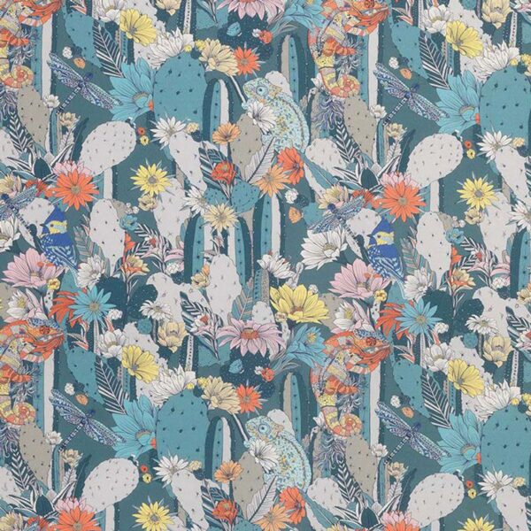 Cactus Garden Fabric - Peacock / Coral / Lemon by multicolour animal cotton fabric from Matthew Williamson