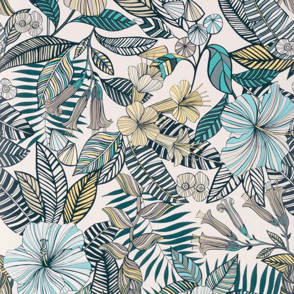 Valldemossa Wallpaper - Ivory / Sea Blue / Pebble by blue botanical wallpaper from matthew williamson