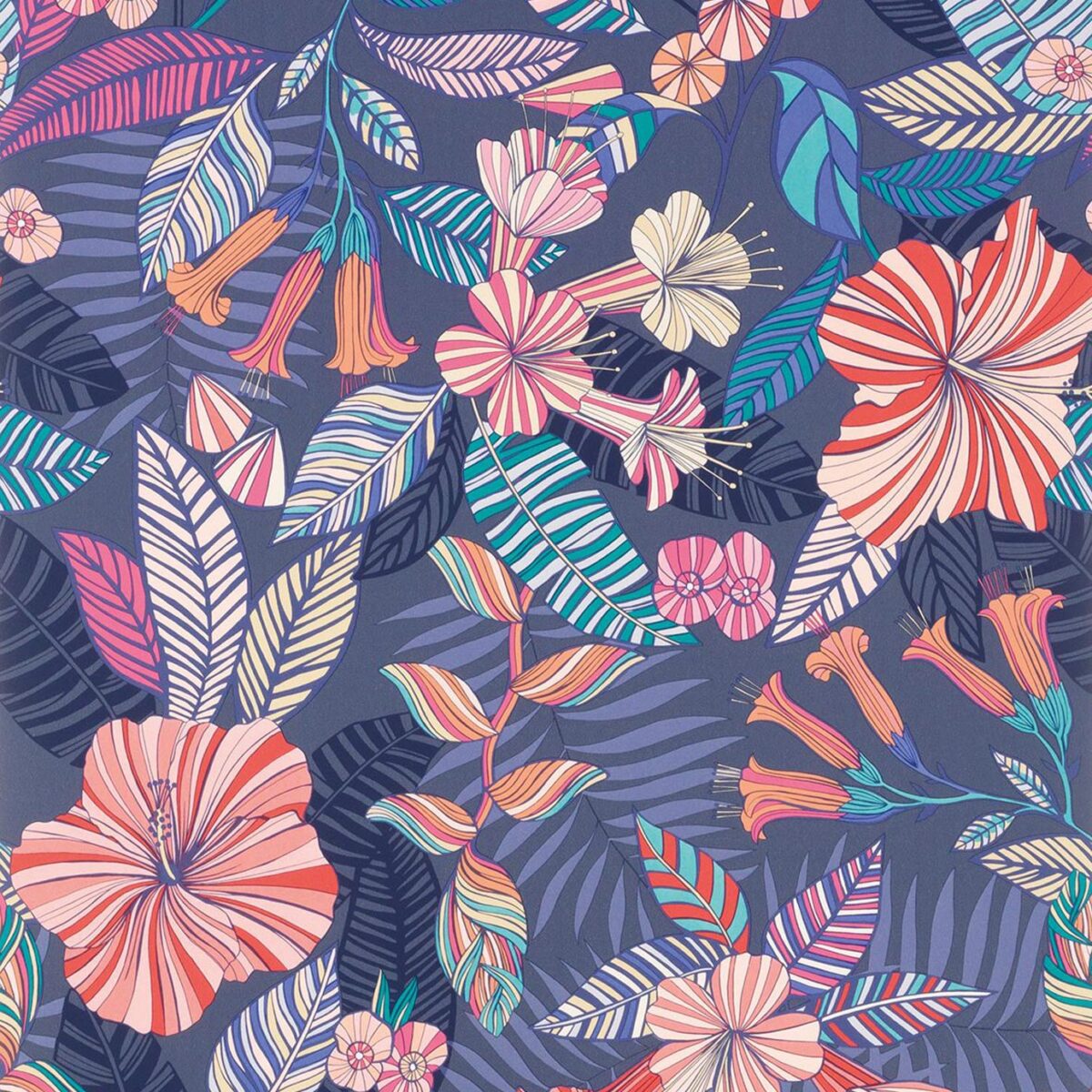 Valldemossa Wallpaper - Midnight / Coral / Jade by multicolour botanical wallpaper from matthew williamson