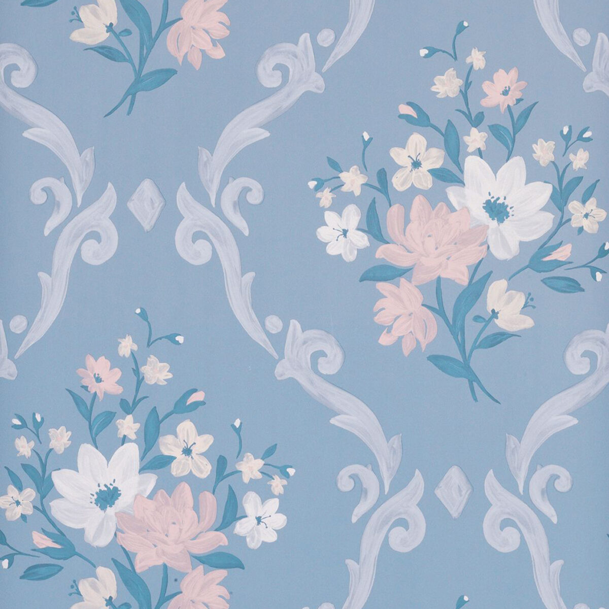 Almudaina Wallpaper - Powder Blue / Cream / Blush by blue botanical wallpaper from matthew williamson