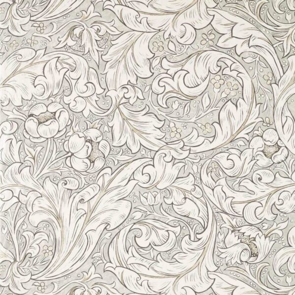Bachelors Button Wide Width Fabric - Light Grey / Linen by neutral botanical cotton fabric from William Morris & Co