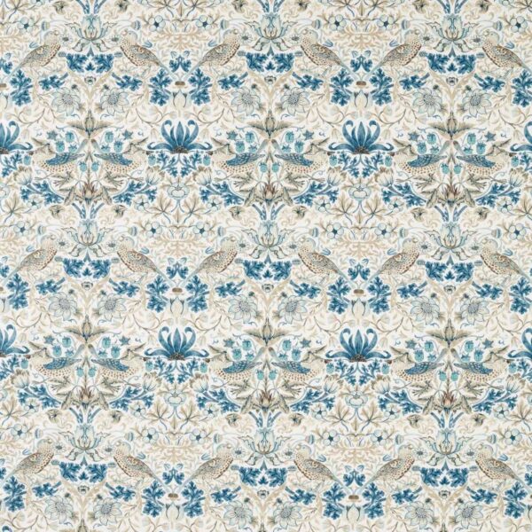 Strawberry Thief Wide Width Fabric - Mineral Blue / Linen by blue botanical cotton fabric from William Morris & Co