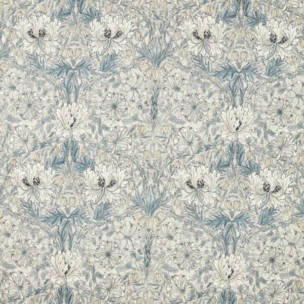 Pure Honeysuckle & Tulip Wide Width Fabric - Mineral Blue / Cream by blue botanical cotton fabric from William Morris & Co