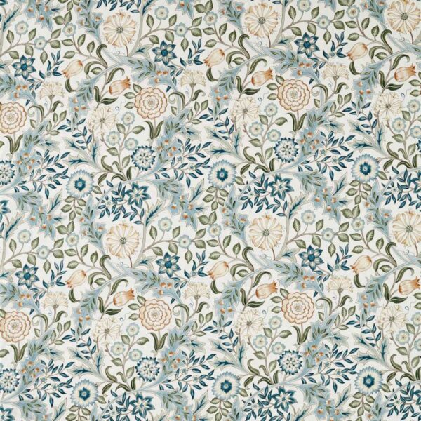 Wilhelmina Wide Width Fabric - Soft Blue / Peach by blue botanical cotton fabric from William Morris & Co
