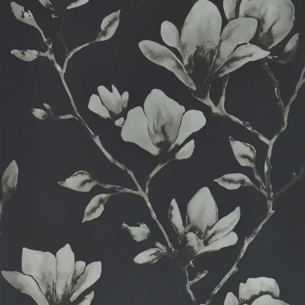 Lotus Wide Width Wallpaper - Onyx / Silver by black-grey botanical wallpaper from harlequin