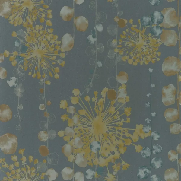 Moku Wide Width Wallpaper - Graphite / Mustard by black-grey botanical wallpaper from harlequin