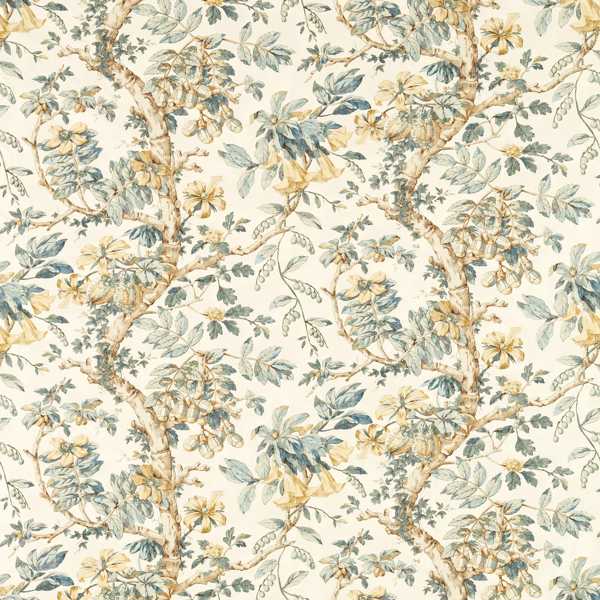 Coromandel Print Fabric - Stockholm Blue by yellow botanical linen fabric from Zoffany