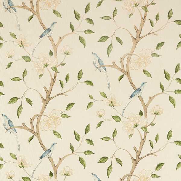 Eleonora Print Fabric - Evergreen by green botanical linen fabric from Zoffany