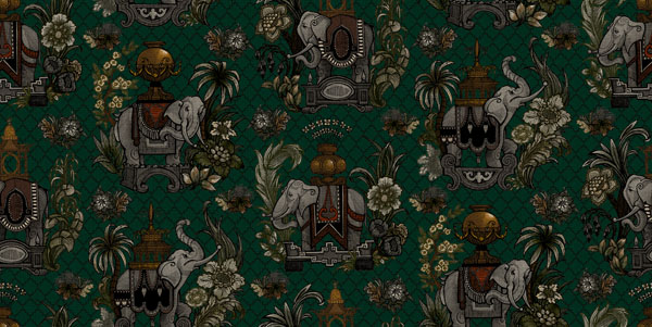 Elephantasy Fabric - Gin Bottle Green by green traditional velvet-chenille fabric from Utopia