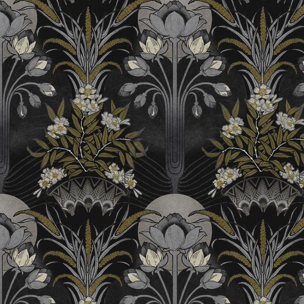 Gin on the Nile Fabric - Anthracite by black-grey botanical velvet-chenille fabric from Utopia