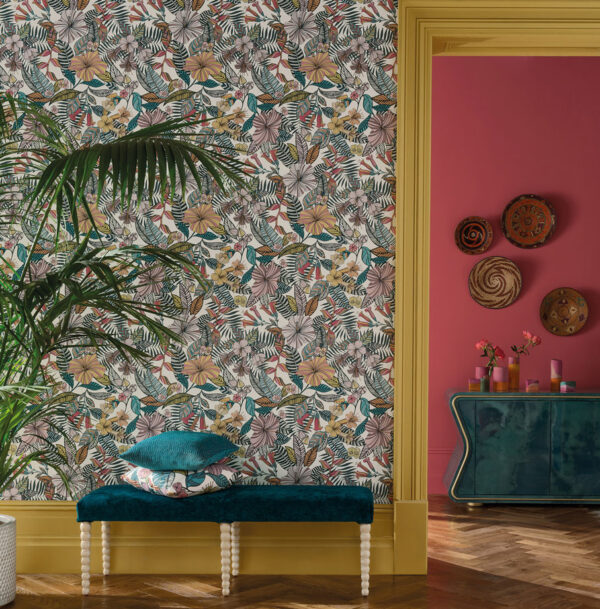 Valldemossa Wallpaper - Midnight / Coral / Jade from